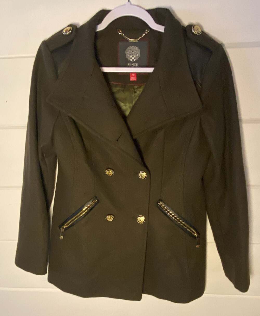 Vince Camuto Military Style Olive Green Double Breasted Pea Coat with Leather Tr